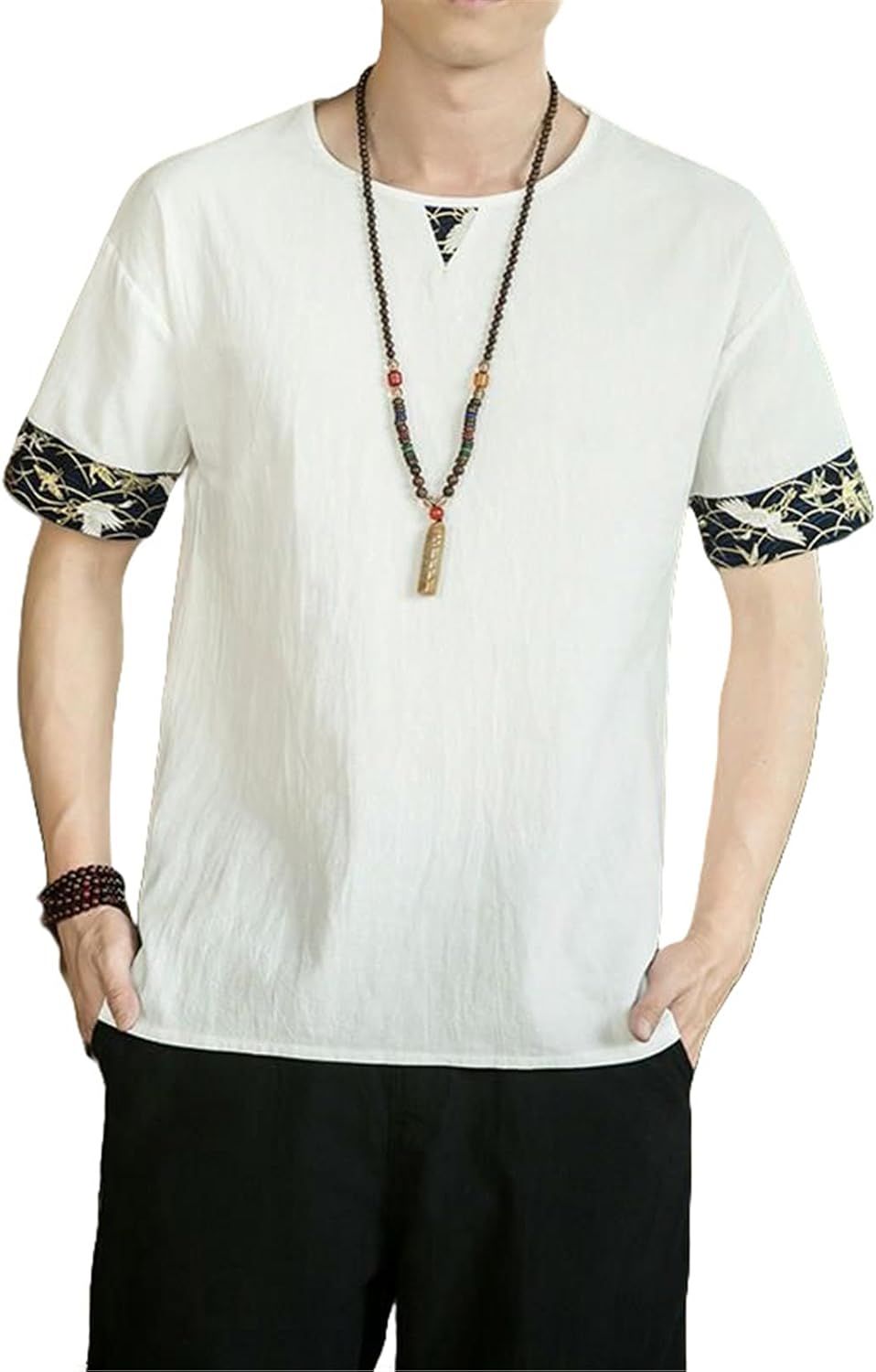 Men's Summer Loose Fit Casual Chinese Style Cotton Linen Solid Color Round Neck Half-Sleeve Shirt