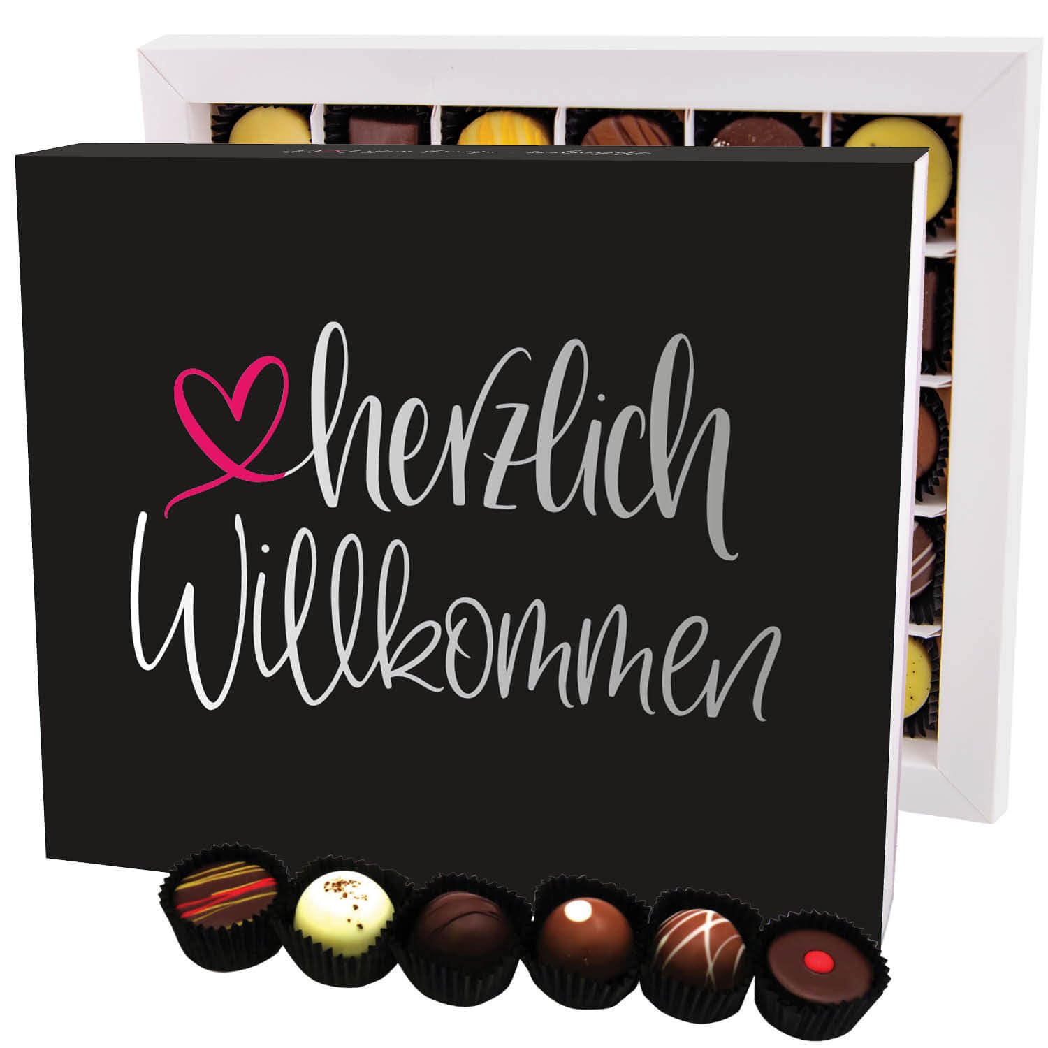 Hallingers Genuss Manufaktur Pralinen Glückwunsch-Geschenk - ohne Alkohol, handmade aus Confiserie-Edelkakao in wertiger XXL-Geschenkbox "Herzlich Willko...", Geschenkidee für Frauen Männer