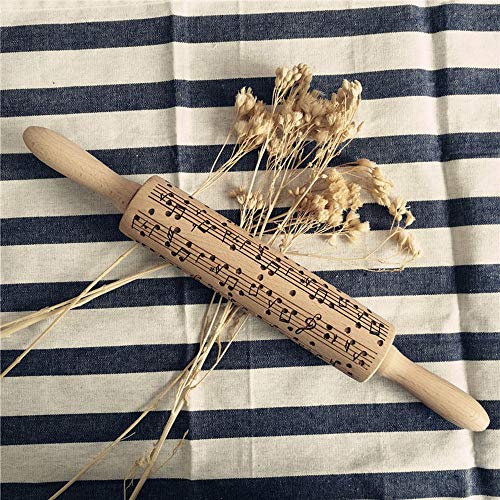 FeiliandaJJ Teigroller Weihnachten 38cm Natürliches Holz Noten Drucken Prägerolle Nudelholz Fondant Roller Backzubehör Werkzeug für Bäcker Fondant Pie Crust Cookie & Teig (Gelb)