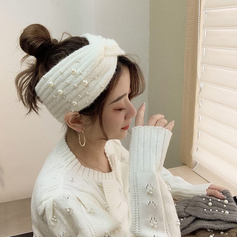 LUOZZY Winter Headbands For Women Pearl Headbands Ear Warmer Headband For Girl's Knit Soft Elastic Headband (White) - Image 2
