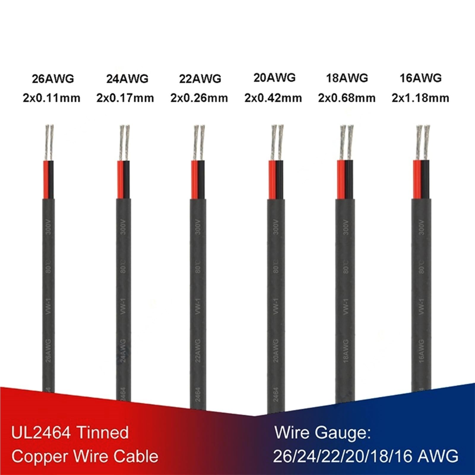 Cable de extensión eléctrico de 2 pines con aislamiento térmico, 20 metros, 26AWG a 16AWG, Cable de Audio for lámpara Conectores(18AWG)
