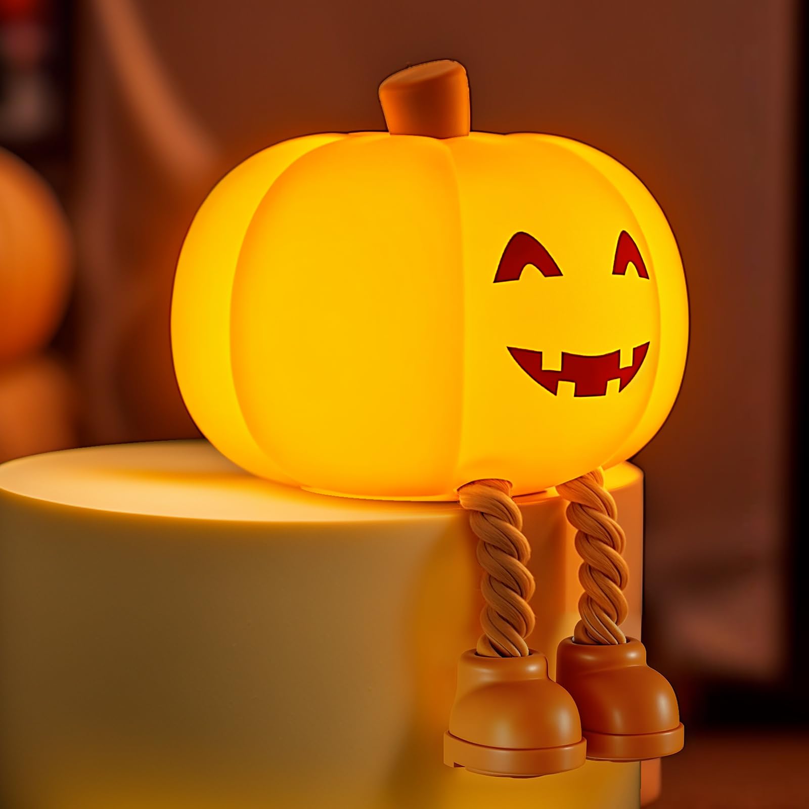 YISSVIC Cute Pumpkin Night Light Rechargeable Halloween Decor Pumpkin Lamp, Squishy Silicone 3-Level Dimmable Brightness Touch Control 30-Minute Timer, for Kids Family Bedroom Fall Decorations