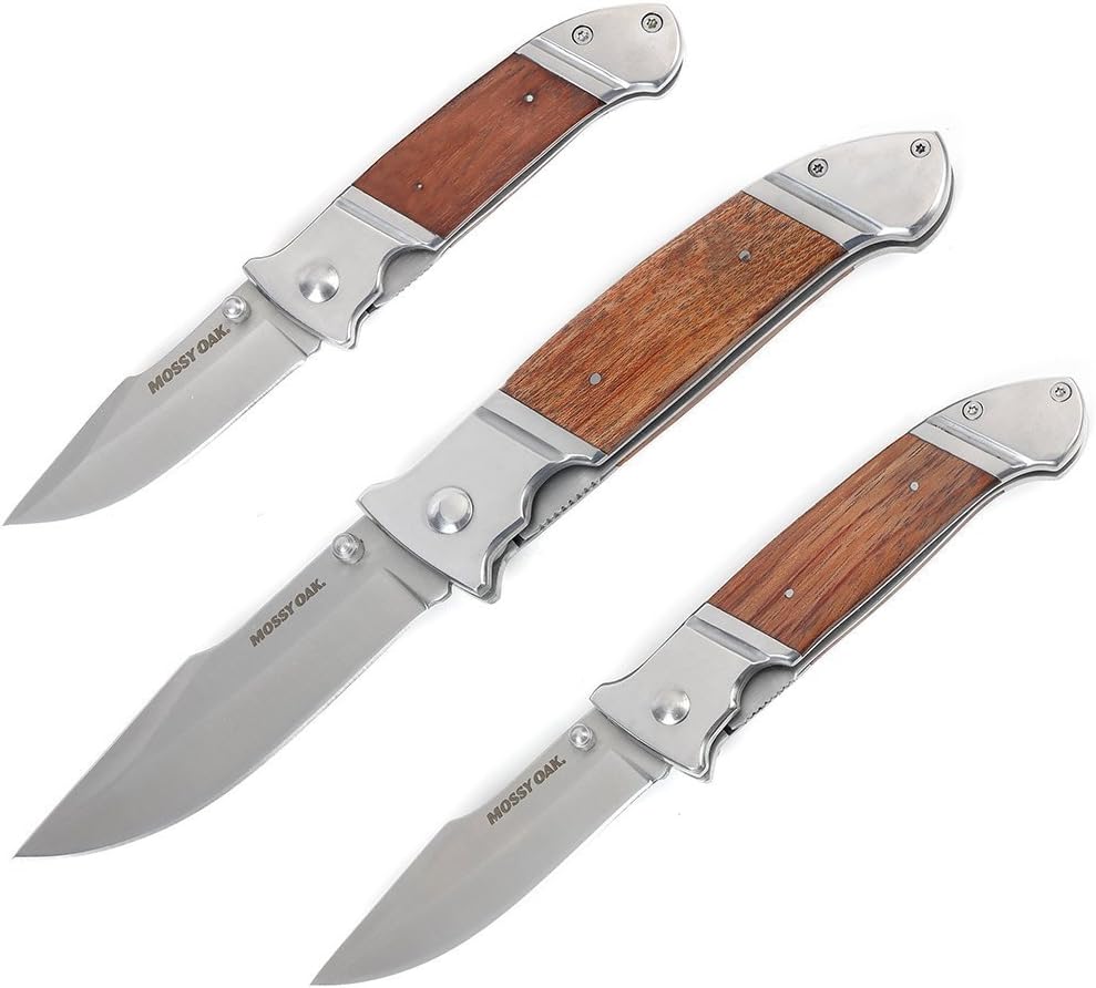 Mossy Oak 3-Piece Folding Pocket Knife Set, Stainless Steel Blade, Wood Handle with Belt Clip