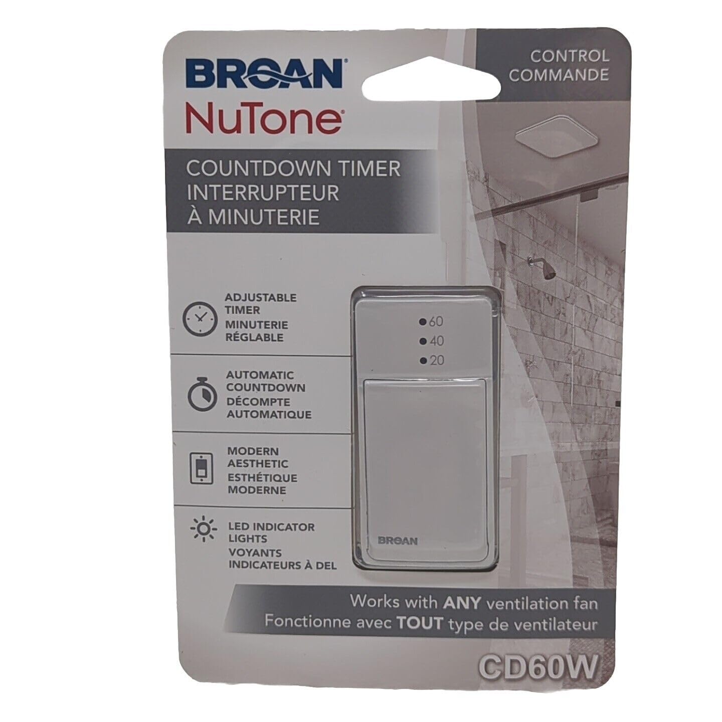 Generic Countdown Timer Exhaust Fan Wall Control Switch CD60W - Adjustable Timer, Energy Efficient, LED Indicator Lights, White