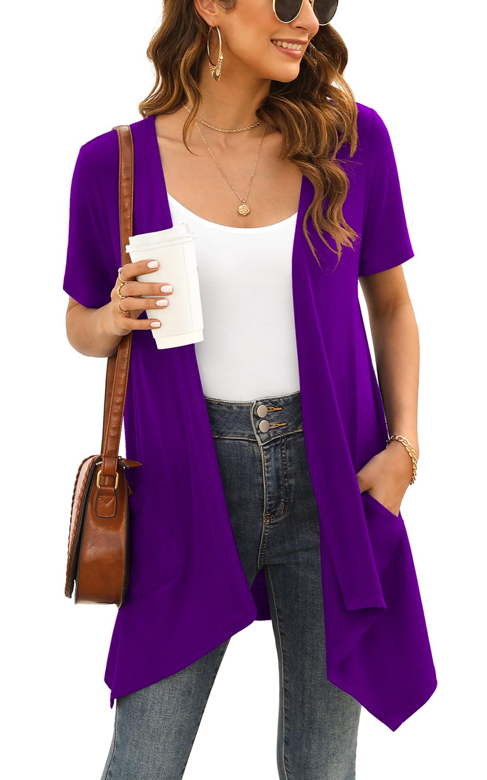 Wiwclo Veryoung Short Sleeve Cardigans for Women Casual Drape Open Front Lightweight Summer Cardigan with Pocket High Low Hem