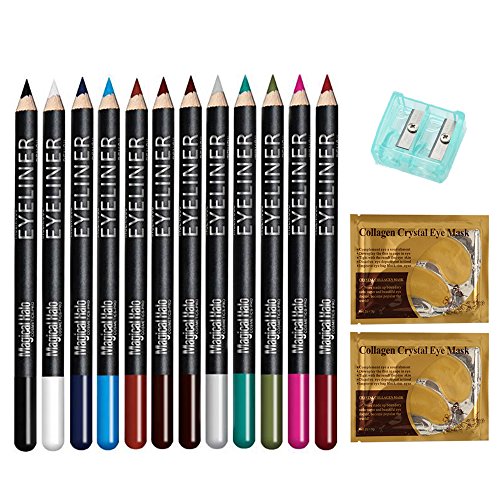Eyeliner Pencil Makeup Set - 12 Assorted Colors Natural Matte Long Lasting Hypoallergenic Under Eye Liner Kit with Sharpener & 2 Eye Masks (Black Gray Brown Plum Purple Lavender ect.)