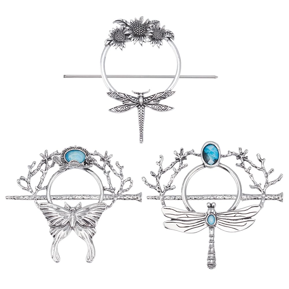WEBEEDY 3 Styles Vintage Silver Hairpin Hair Slide Pin Dragonfly Butterfly Sunflower Moon Hair Pins Alloy Hairpin Viking Retro Barrettes for Women Long Hair Accessories,Valentine's Day Gifts,8.7cm