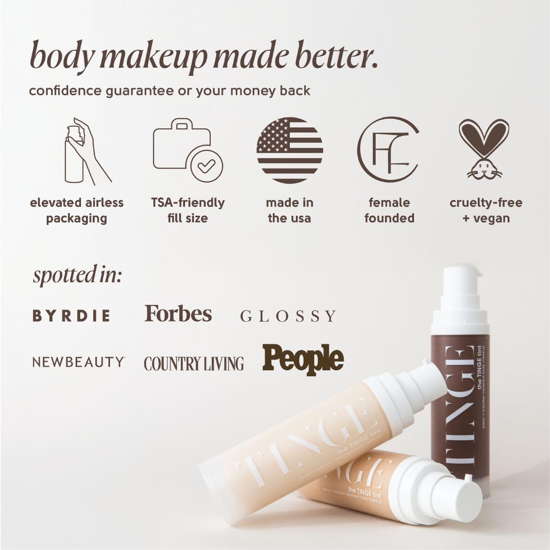 Tinge Tint Body Makeup, hält bis zu 48 Stunden, Creme mit mittlerer Deckkraft mit Aminosäuren, Hyaluronsäure und Lysin, halbmattes Finish, wasser- und übertragungsbeständig, parfümfrei, 100 ml – Deep