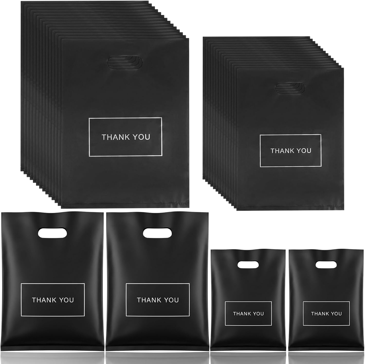 200Pcs Black Thank You Bags, Plastic Retail Bags for Small Business Bulk, 8”x12” and 12”x15” Large Reusable Shopping Boutique Bag for Retail, Boutique, Stores, Party Gift, Clothes