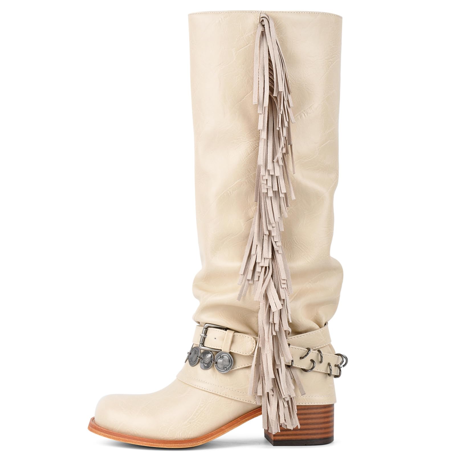 KISTANIA Womens Knee High Riding Boots with Fringes Buckle Straps Chunky Heel Square Toe Fold-Over