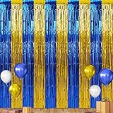 3 Pack 3.3Ft x 6.6Ft Graduation Foil Fringe Curtain Backdrop Decorations, Blue Gold Metallic Tinsel Foil Streamers Curtain Photo Booth Background for Graduation Prom Wedding Birthday Party Decorations