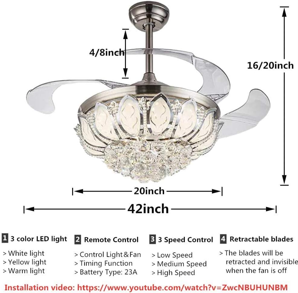 Limited A Million 42” Crystal Ceiling Fan Light Retractable Blades Remote Control Chrome Luxury Chandelier Fan 3 Speeds 3 Colors Changes Lighting Fixture, Silent Motor with LED Kits Included (Luxury)