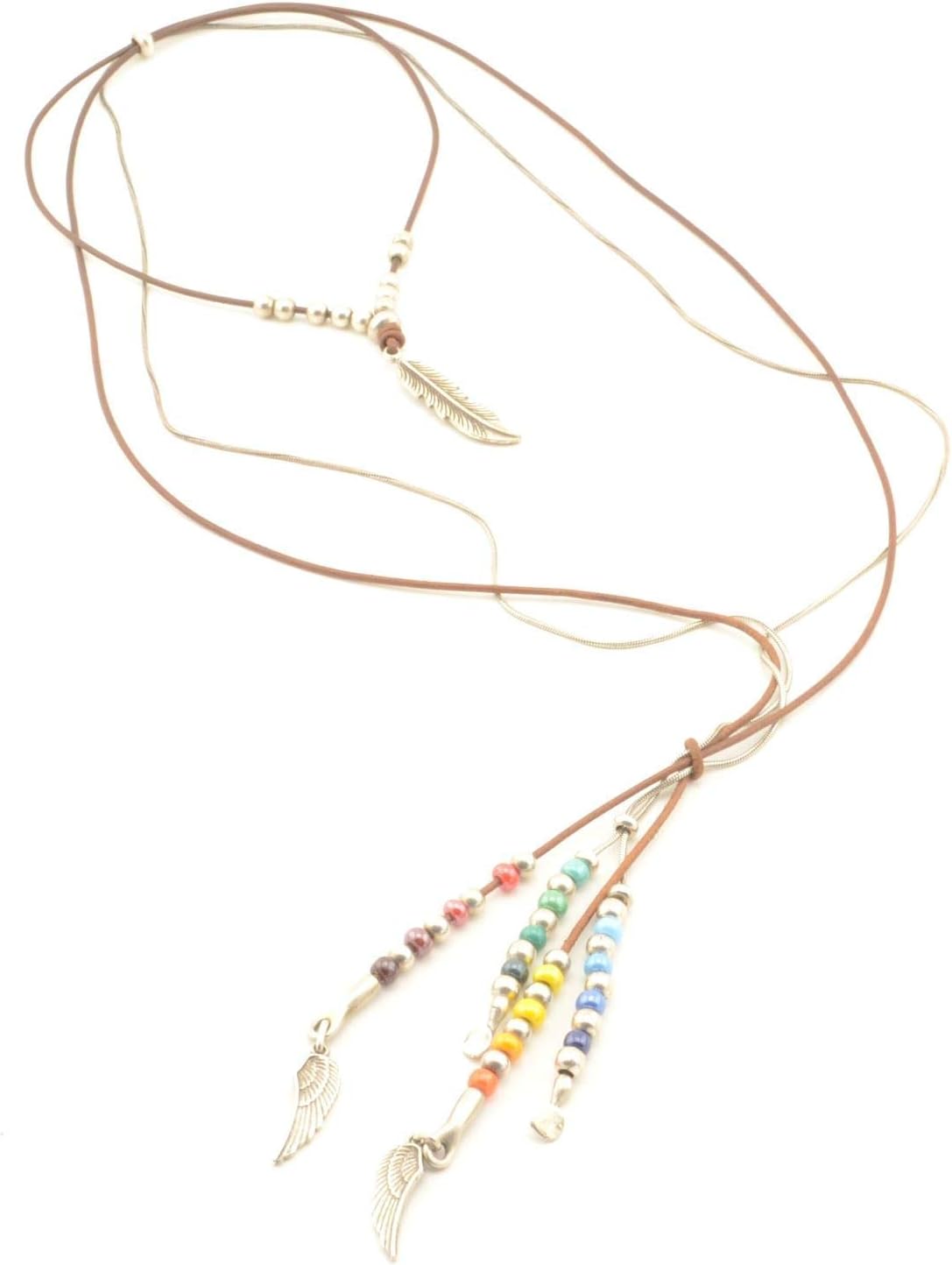 layering leather necklace with feather pendant