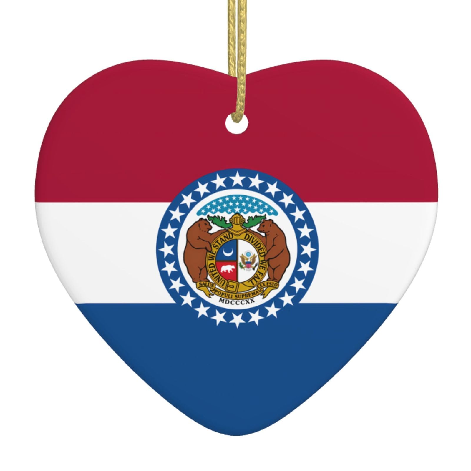 Missouri State Flag Ceramic Christmas Heart Pendant with Silk Thread, Christmas Tree Home Decoration