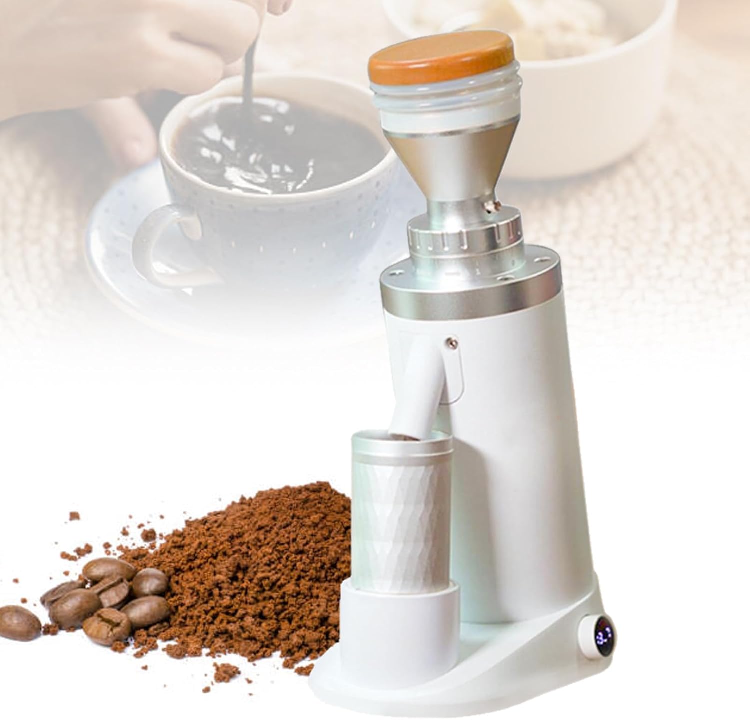 Automatic Electric Coffee Grinder for Home Use, with Adjustable Time Control, Stainless Steel Flat Blades, Aluminum Alloy Coffee Bean Grinder V2-White