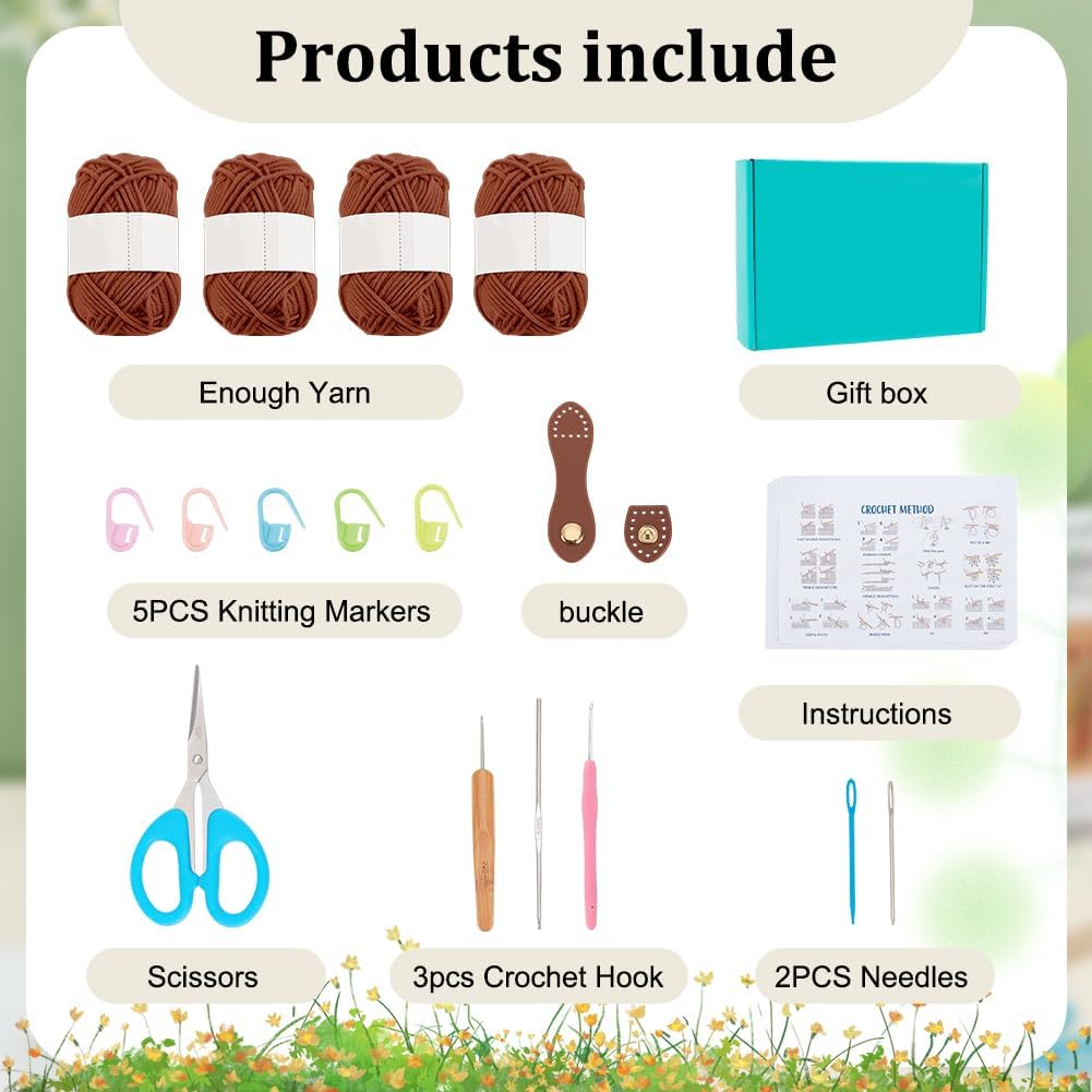 ACRNIGHEET Crochet Beach Bag Crochet Kit for Beginners Caramel Tote Bag Knitting Kit with Yarn and Hook DIY Craft Kits Gift for Adults with Video Guide Tutorial Crochet Starter Kit