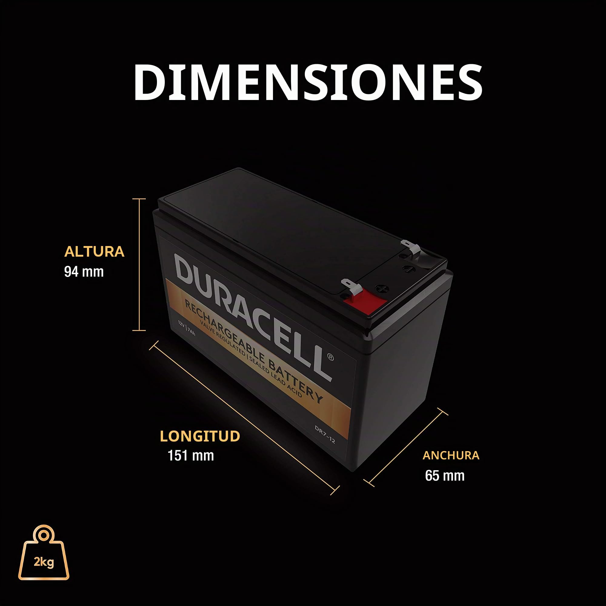 Duracell Batterie originale DR7-12 au plomb régulée par valve – 12 V | 7 Ah – Remplace APC RBC17 | RNC2 | CSB GP1272F2 | Lucas LSLA7-12 | Panasonic LC-R127R2PG | Yuasa NP7-12 | V14242401 Y7-12…