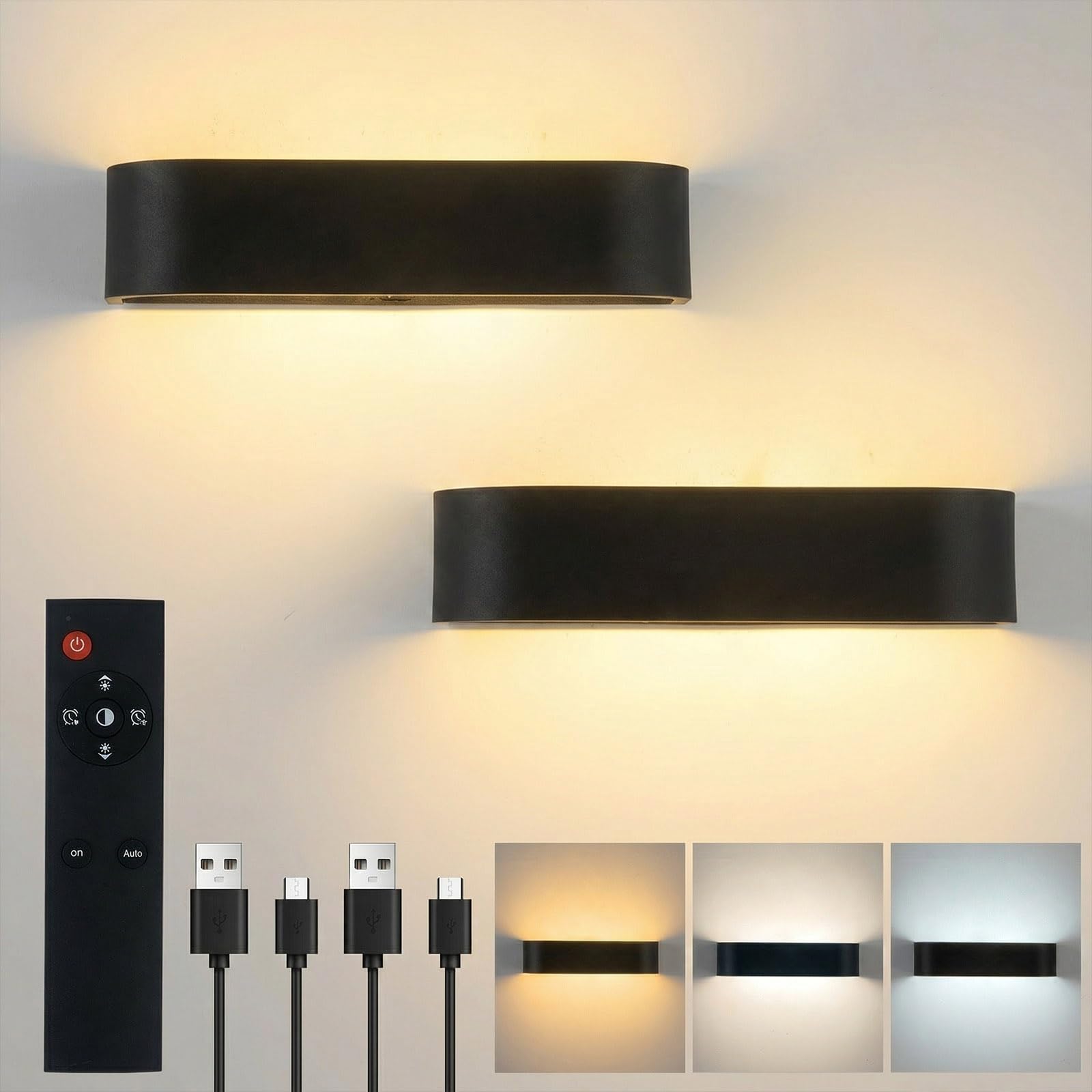 SURPALIG 2 Stück LED Wandleuchte Innen, 10W Moderne Wandlampe Up Down, 6000 mAh Wandbeleuchtung, 3000K/4000K/6000K, Wandleuchten mit schalter, Timer, für Schlafzimmer Wohnzimmer Treppe Flur