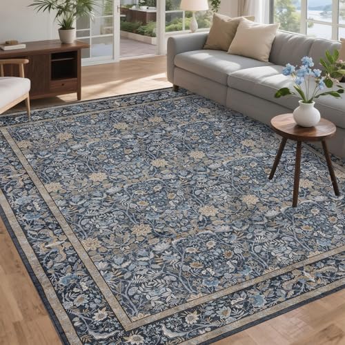 Tapete lavable sala 9x12 Boho floral azul pizarra miniatura 4