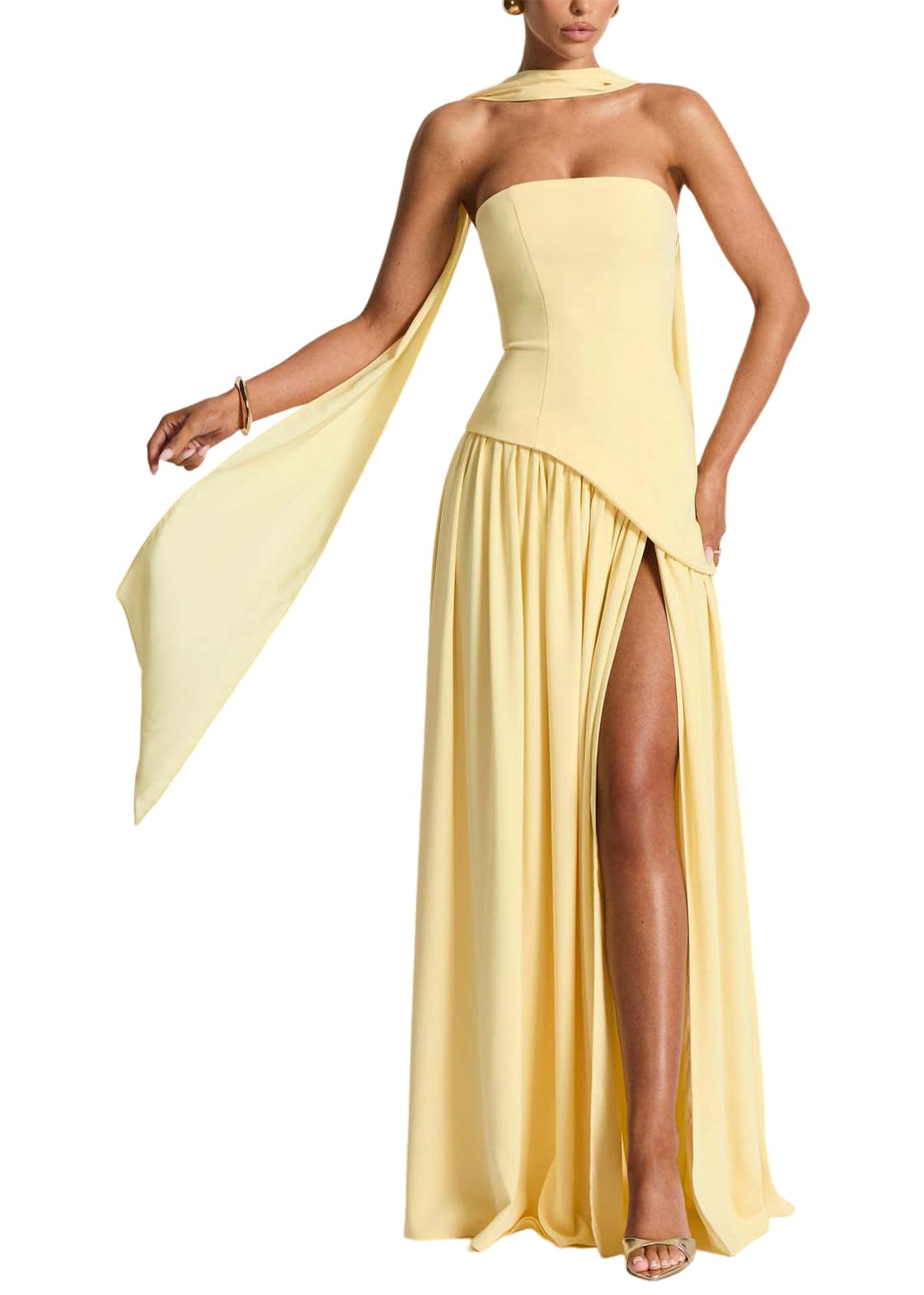 ORANDESIGNE Vestido Largo Verano Mujer Vestido sin Mangas Novia Boda Invitada Vestidos de Fiesta Elegantes con Abertura y Bufanda