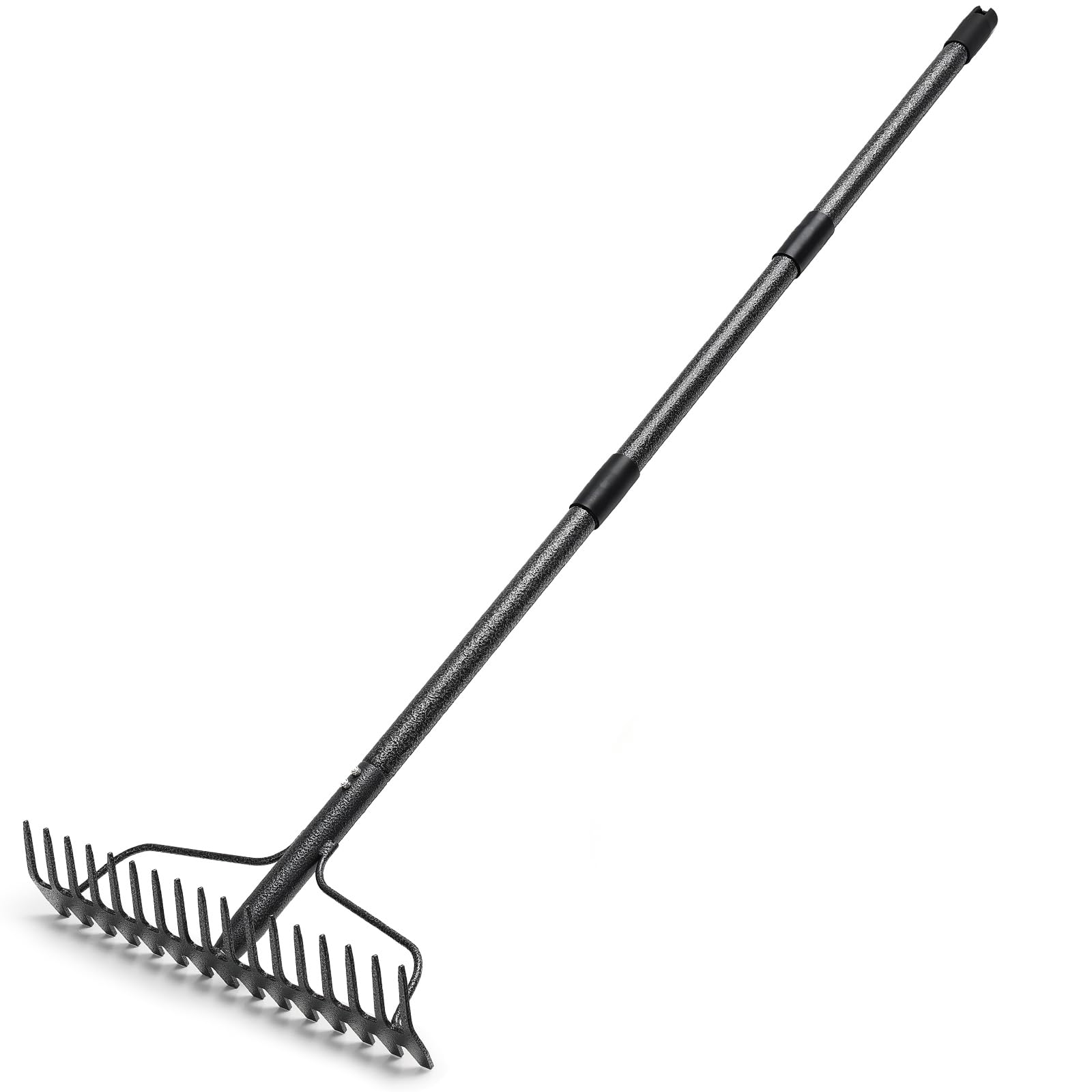 Rastrillo de jardín, rastrillo de 5 pies, rastrillo de nivelación resistente con mango ajustable, 17 dientes de cabeza ancha, rastrillo de paja de metal para jardinería, hojas, césped, patio,