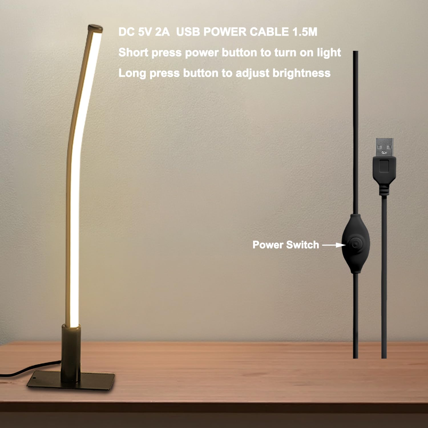 GEPROSMA Bedside Lamp Slim with Cable(USB 5V 2A),Metal Table Lamp 17.4”/44CM,Thin Small Dimmable Desk Light 3 LED Modes,Stylish Minimalist Modern Design,for Bedroom Living Room Home Office,Black - Image 3