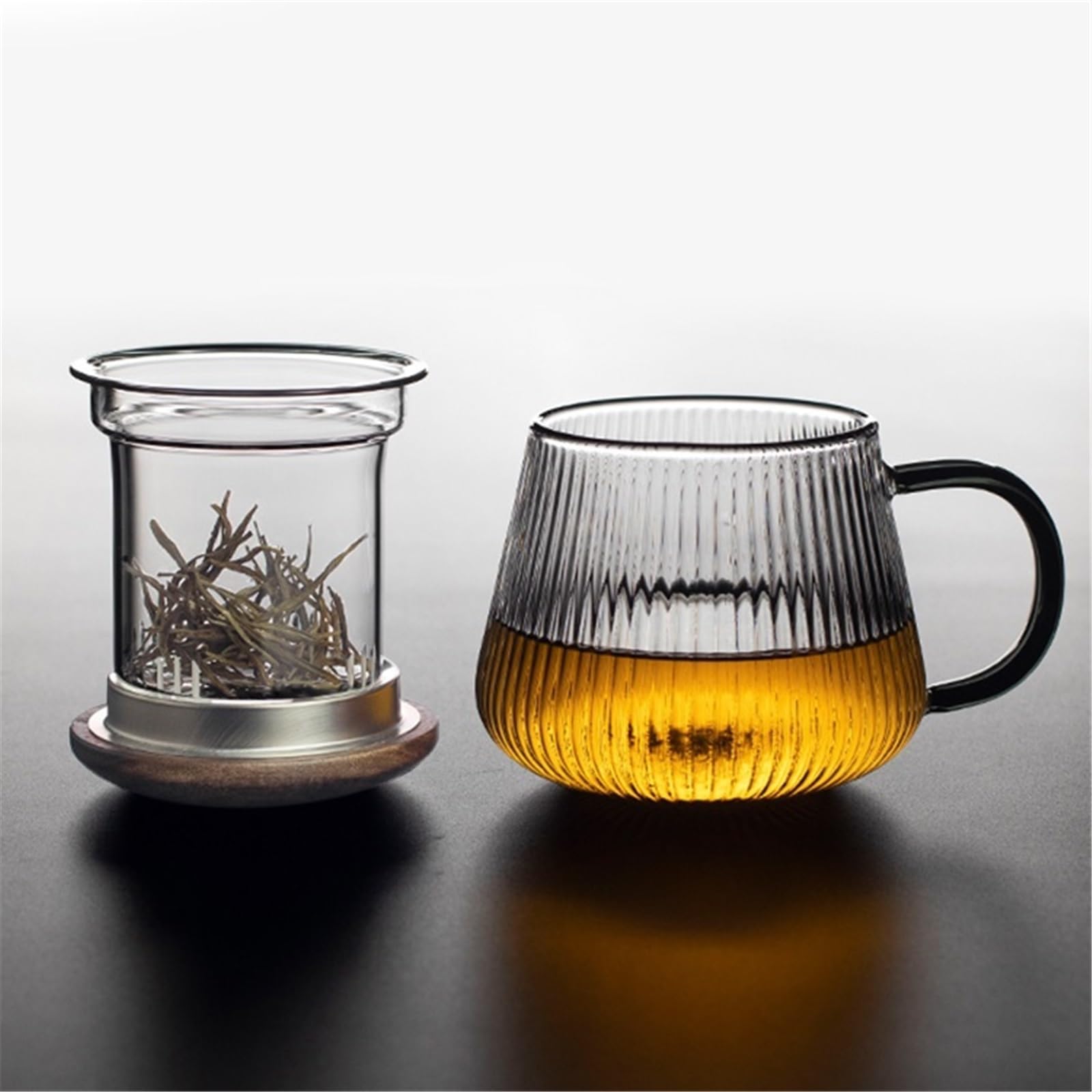 Leche Taza de té vidrio con rayas verticales, infusor y tapa. Tazas transparente for preparar hojas sueltas Bebidas(Grande)