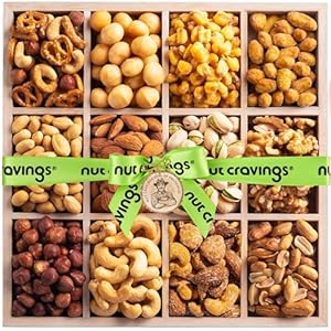 NUT CRAVINGS – Halloween Treats For Adults Mixed Nuts Gift Basket in Reusable Wooden Tray + Green Ribbon (12 Assortments) Holiday Xmas Christmas Food Arrangement, Healthy Snack Care Package