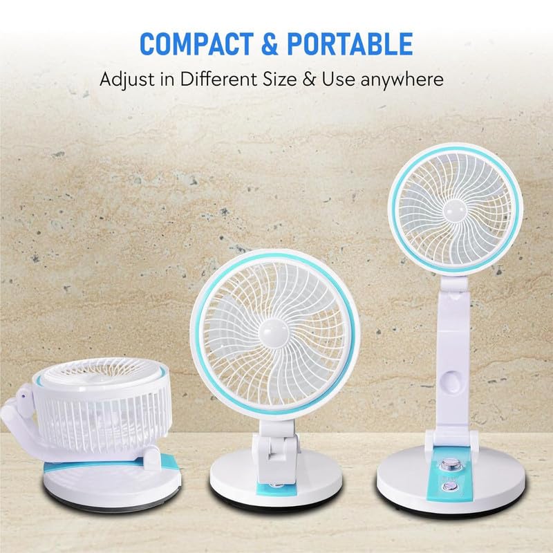 Image of Rechargeable Portable Table Fan with LED Light | High Speed USB Desk Fan with 2 Speed Modes | Foldable Tabletop Fan for Home, Office, Kitchen & Emergency Power Backup (Style 10) (Multicolor)