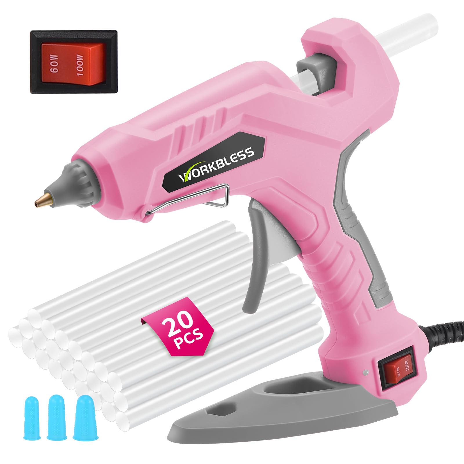 WorkBless - Pistola de pegamento caliente rosa, pistola de pegamento de doble temperatura 60 W/100 W, pistola de pegamento resistente y de calentamiento rápido con 20 barras de pegamento de