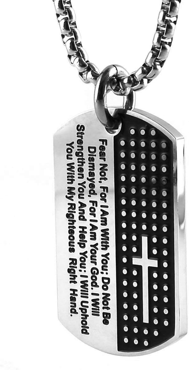 HZMAN Isaiah 41:10 Jewelry, Stainless Steel Cross Dog Tag Necklace Strength Bible Verse (Tag Silver)
