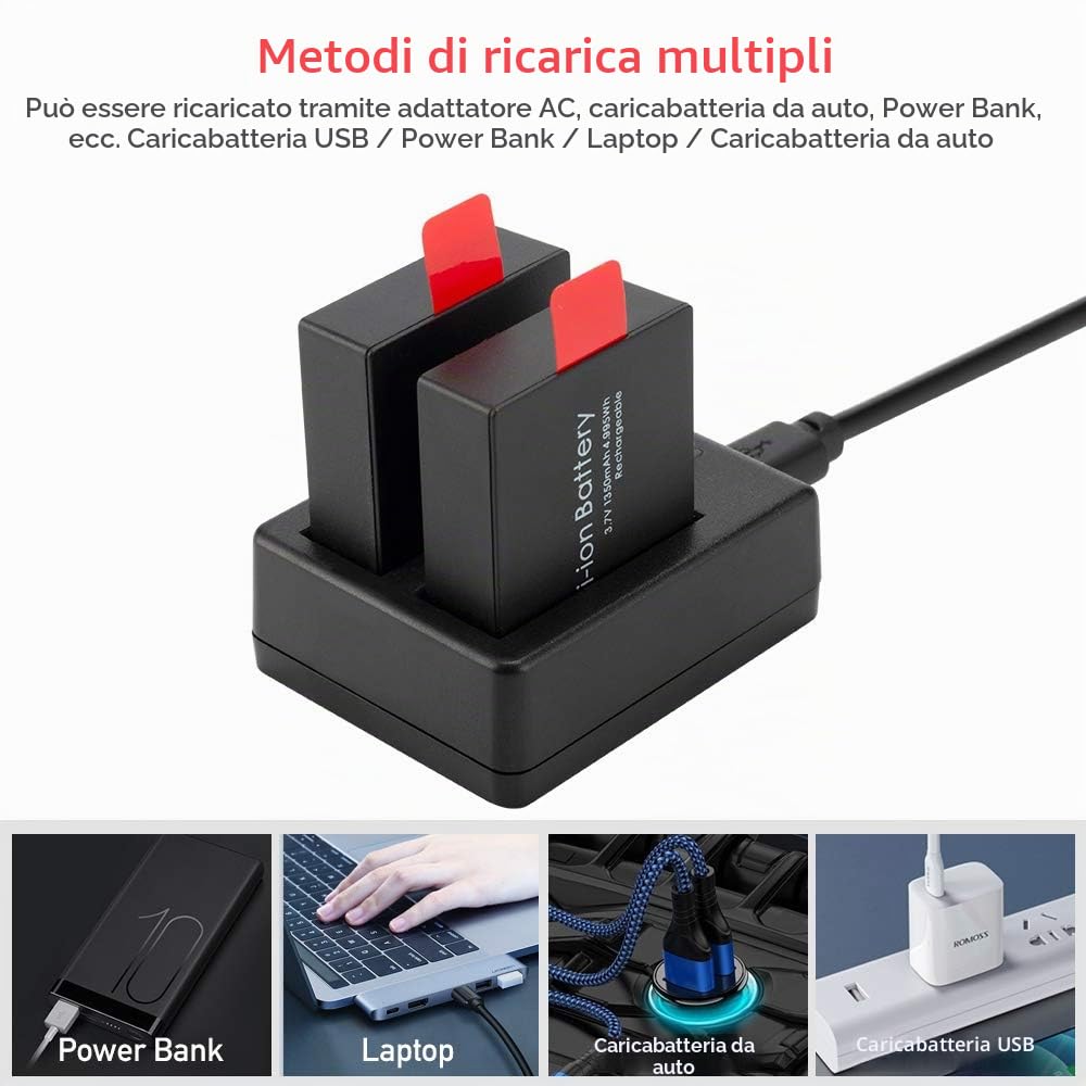 Batteria Action Cam, Batteria Ricaricabile da 1350 mAh (3 pezzi), con Caricatore USB a Doppio Foro, Compatibile con CAMPARK/Crosstour/APEMAN/Victure/sj4000, ecc.