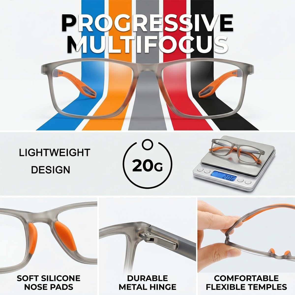 Generisch 3Pac Gleitsichtbrille Rechteck Progressive Multifokus Lesebrille Herren, Selbsttönende Gleitsicht Lesebrille Anti-Blaulicht Federscharniere, Photochrome Lesesonnenbrille TR90