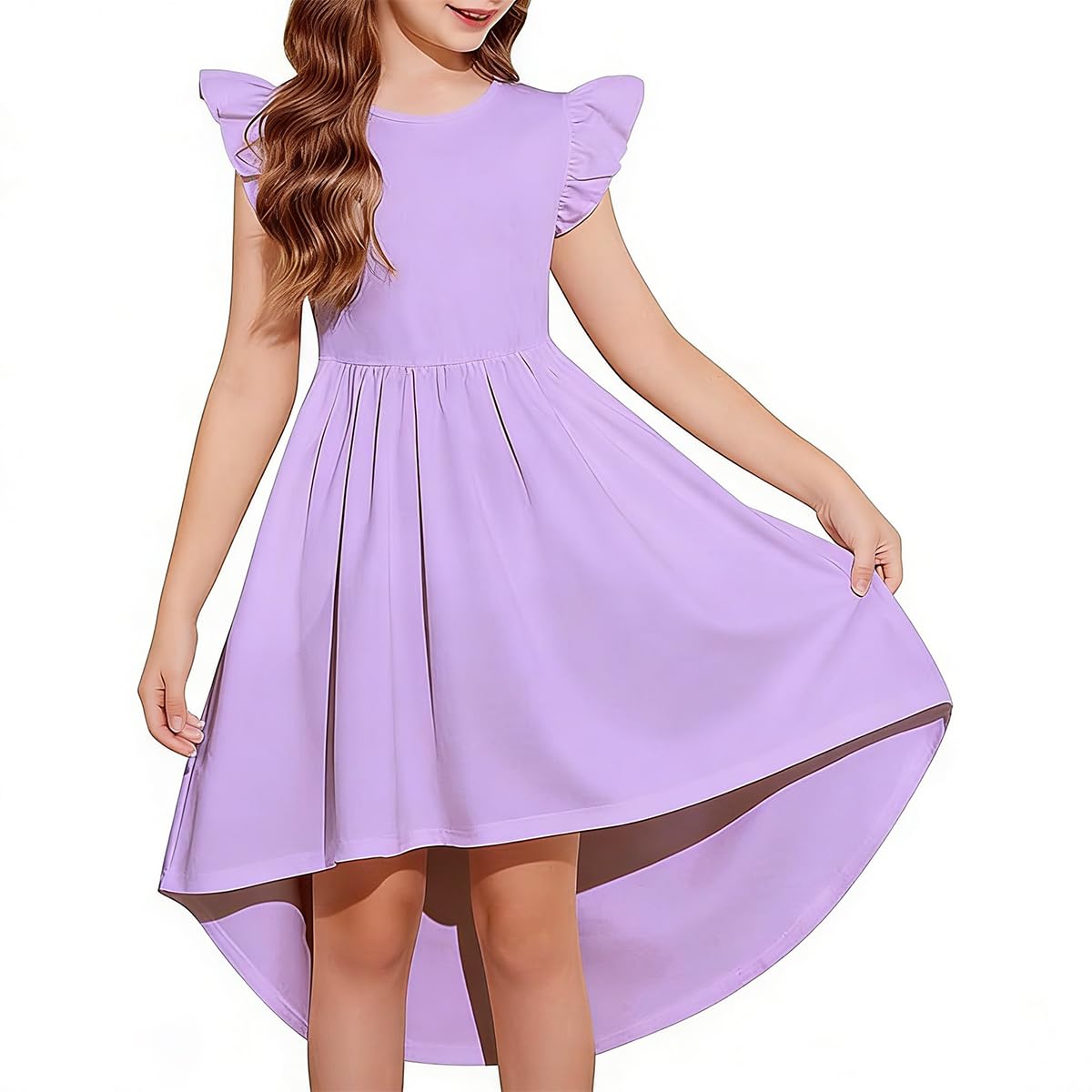 Vestido Niña Casual Corte A Dobladillo Asimétrico con Bolsillos Cuello Redondo Color Liso Elegante Vestidos para Fiesta — view 7