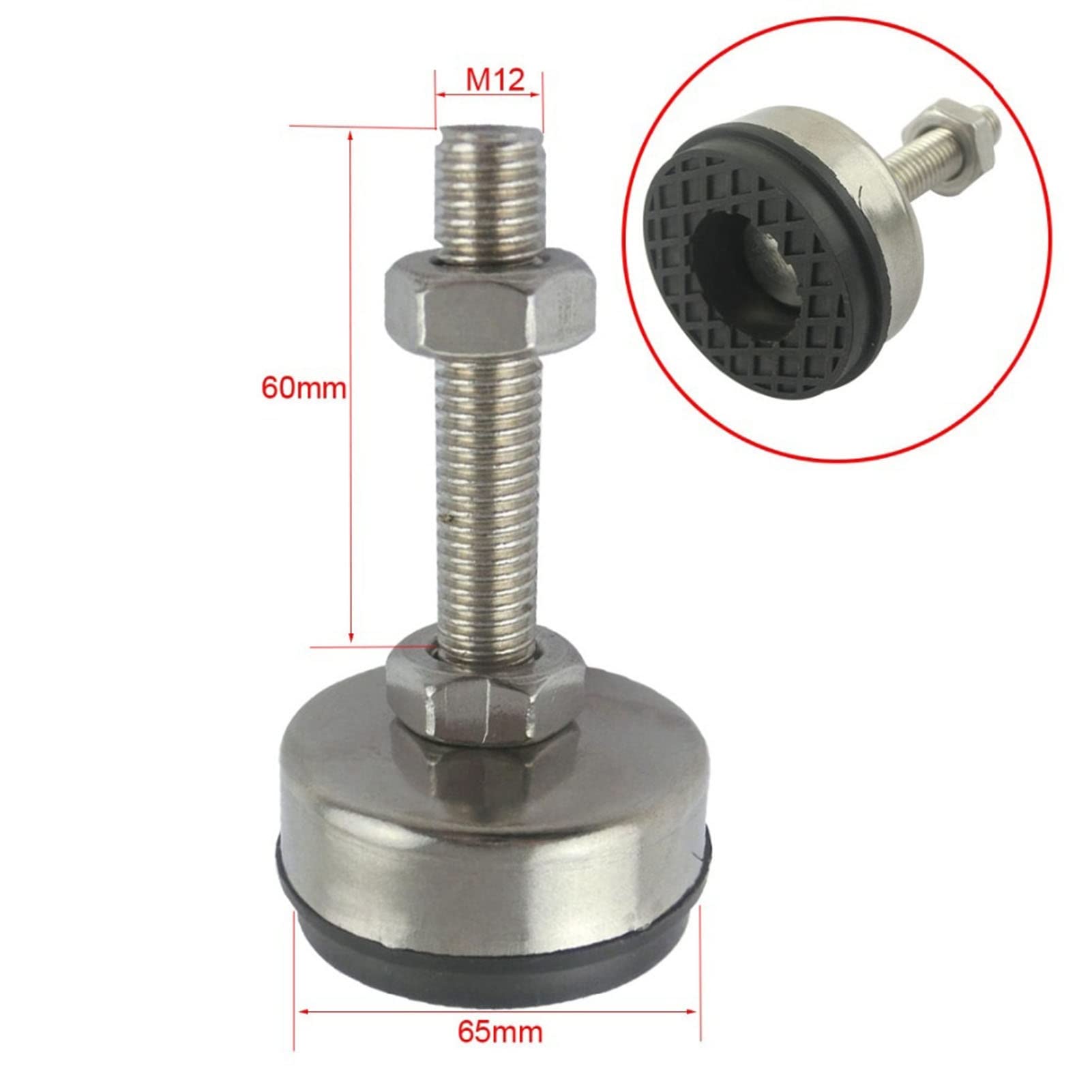 BREAKA 2 Patas niveladoras Ajustables for Muebles M12 x 60 mm, Copas for pies de Acero Inoxidable con Rosca, Base de Nailon de 65 mm de diámetro, for sofá, gabinete, talleres, oficinas