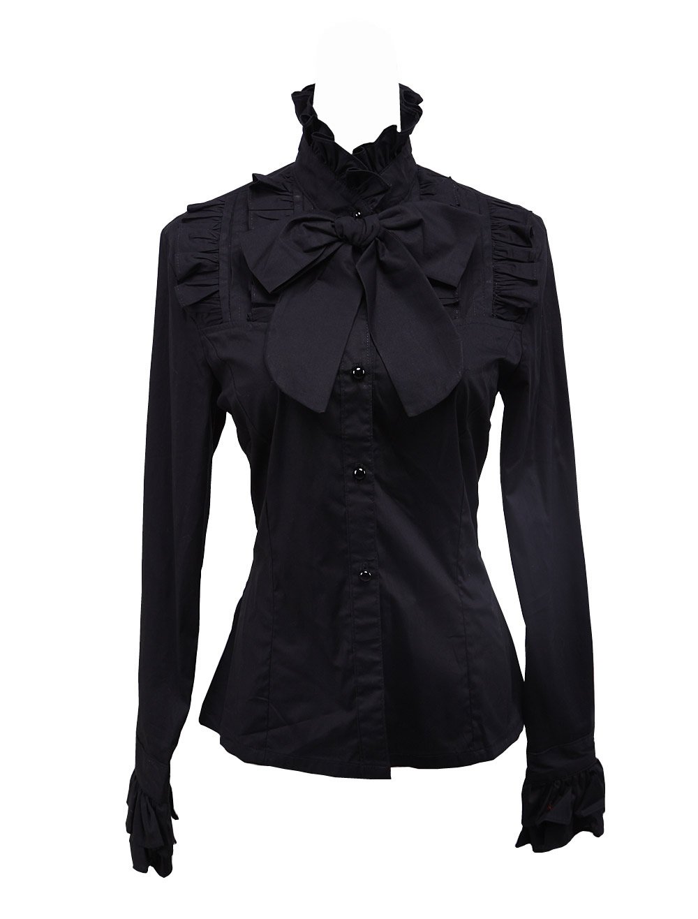 an*tai*na* Camicia Tradizionale Lolita con Colletto rialzato in Cotone Nero con Arricciatura in Pizzo e Fiocco
