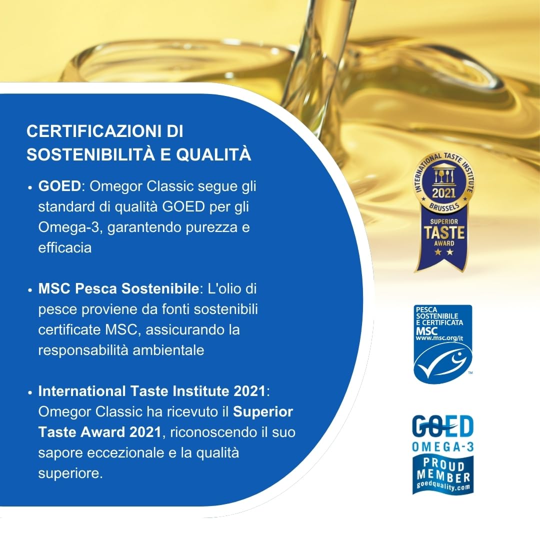 Olio di Fegato di Merluzzo Liquido OMEGOR Classic 250ml - Senza Retrogusto di Pesce - Omega 3 Liquido 1000mg con Vitamine A, D, E - 540mg DHA 360mg EPA