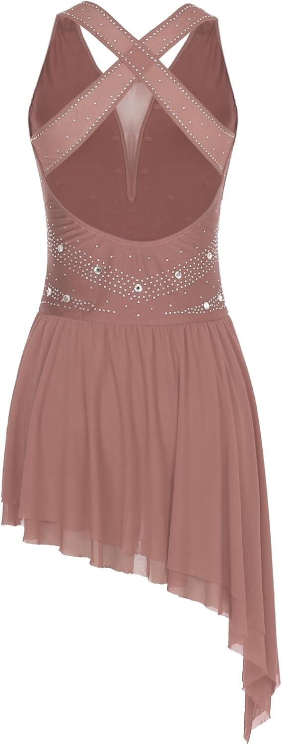 Women Rhinestones Cross Back Asymmetrical Mesh Tulle Flowy Leotard Figure Skating Dance Dress