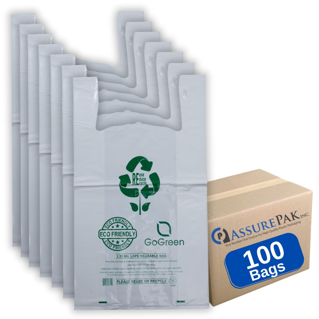 ASSUREPAK White Reusable/Eco-Friendly LDPE T-Shirt - Jumbo 17"x8"x29" - 100 Bags - 57 Micron (2.25 mil) - White - WHLD40REC225REUSE1729