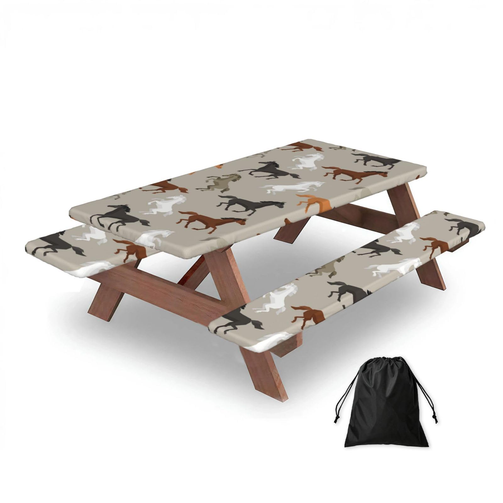 Cute Horse Print, Picnic Table Cover With Bench Covers -Waterproof Elastic Fitted Tablecloth for Garden Camping Patio 76x152cm