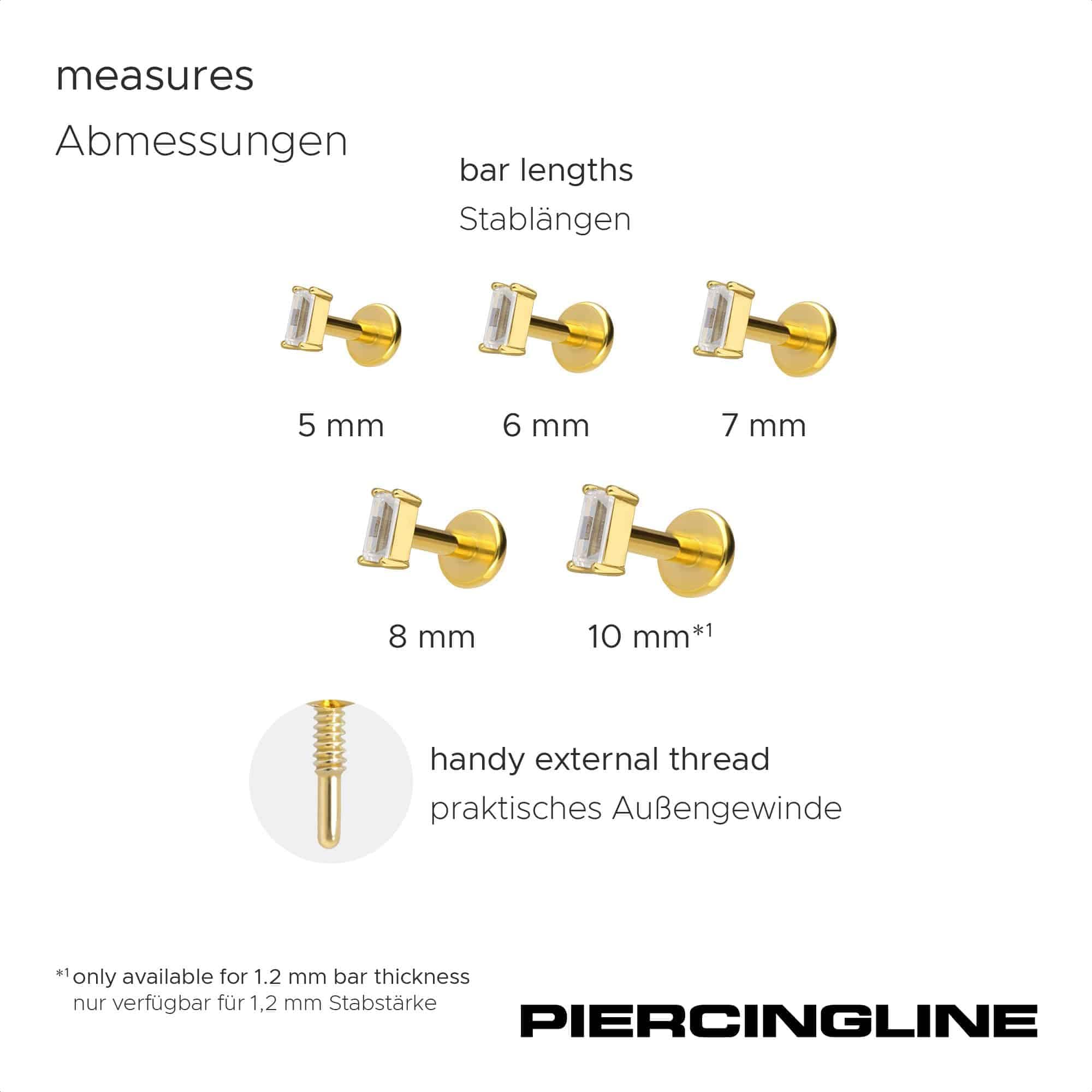 PIERCINGLINE Piercing Stecker Titan Labret mit Innengewinde + 925er Silber Aufsatz MOISSANIT-RECHTECK - Goldfarben, Silberfarben