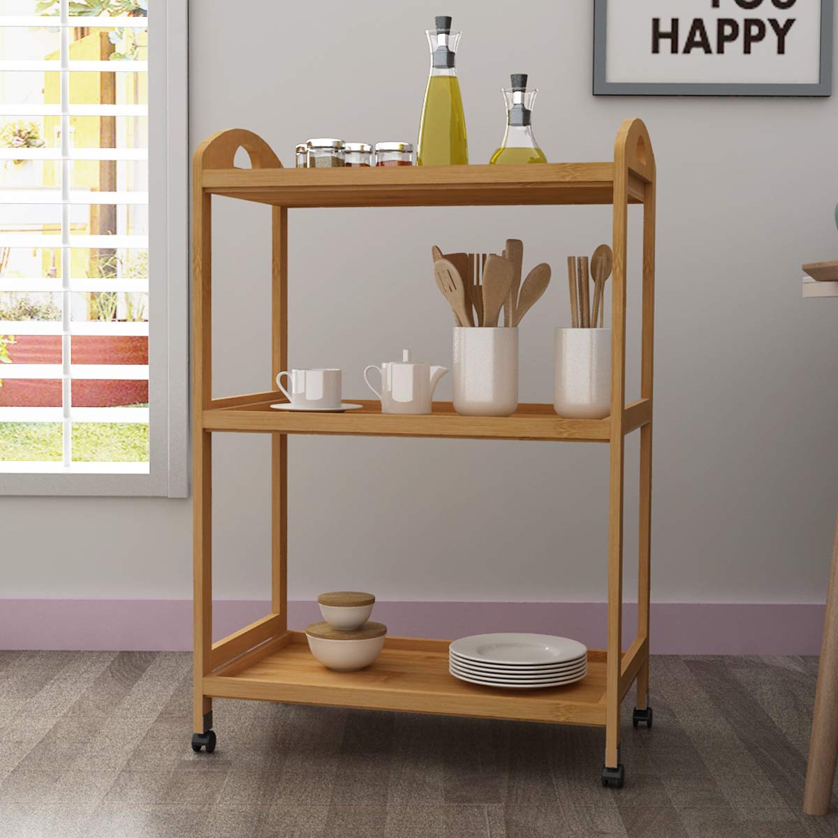 SogesPower Storage Kitchen Cart Serving Bar Cart Utility Trolley Organizer Rack with 3 Shelves for Living Room, Bathroom, Bamboo SPZC-06