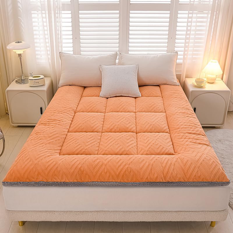 Japanese Thickened Strap Floor Mattress 2/4 inches Quilted, Suitable for Bedroom, Living Room, Camping, Dormitory (Orange, 120x200x10cm/47x79x4in) (A, 120cm×200cm)