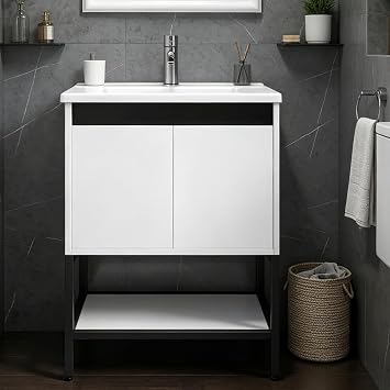 wonline 24 Bathroom Vanity with Ceramic Sink, Bathroom MDF Cabinet with White Wash Basin and Modern Design Chrome Faucet for Small Space