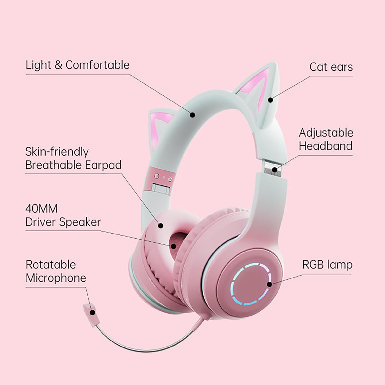 Asixxsix Casque de Jeu à Oreilles de Chat, Casque sans Fil Bluetooth 5.3 avec Lumière LED, Câble AUX de 3,5 Mm, Micro Rétractable, écouteurs Supra-Auriculaires pour PC, Ordinateur (Pink)