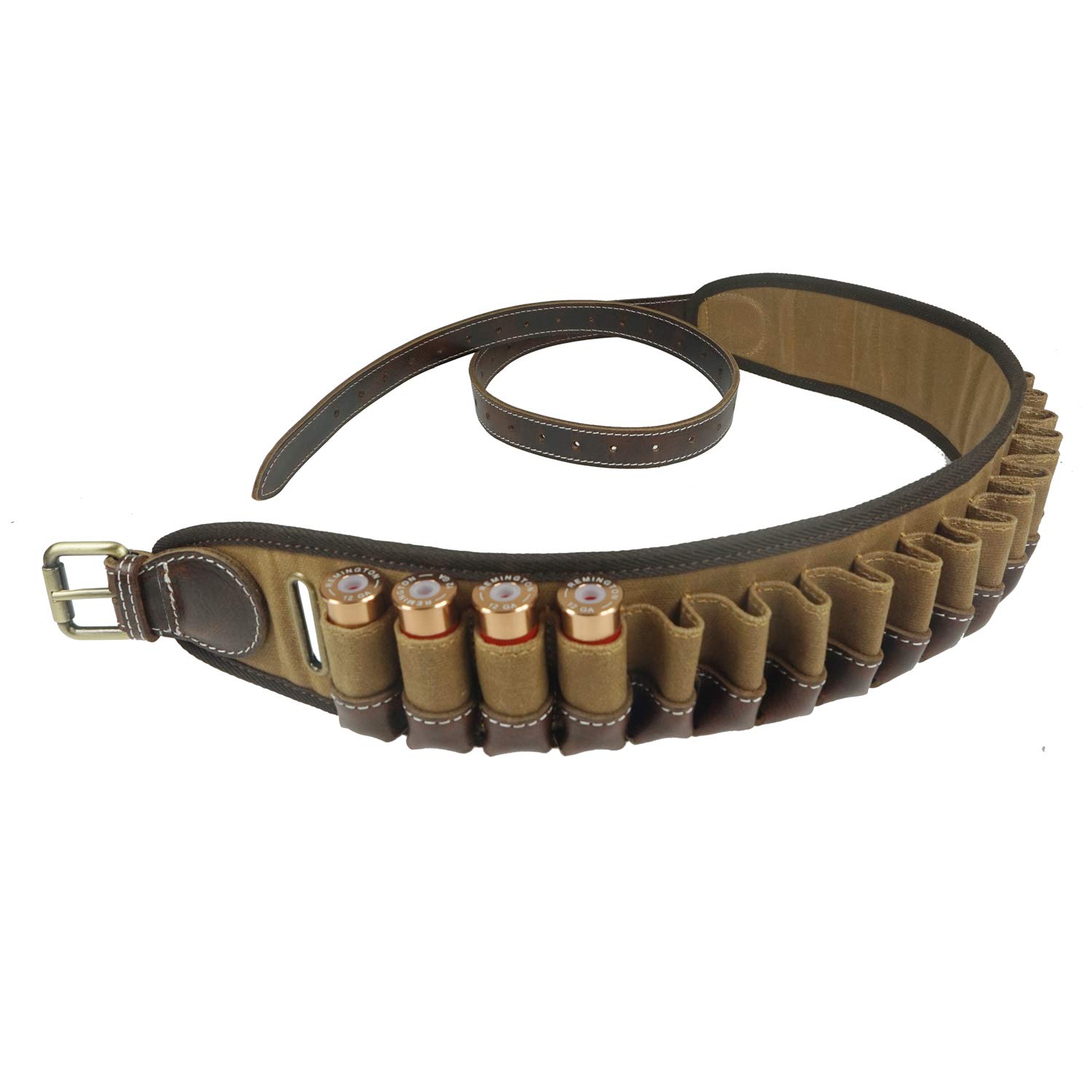 Handmade Shotgun Shell Cartridge Belt Holder Bandolier with Leather and Canvas for 25pcs 12GA Shotshell (Khaki)