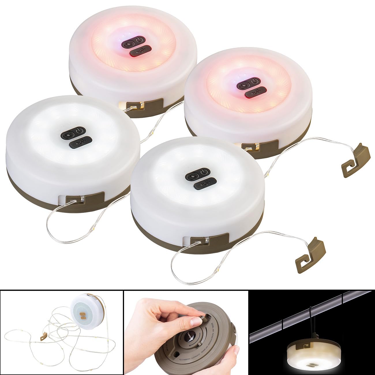 Lunartec Camping Lampe USB: 4er-Set 2in1-Akku-Campingleuchte mit Lichterkette, 6 Modi, IPX4, 10m (LED Lichterkette außen warmweiß, USB LED Lampe Camping)