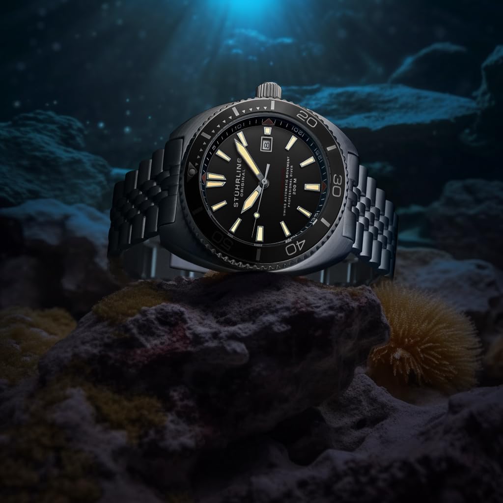 Stuhrling Original Swiss Automatic Depthmaster Diver Watch 45 MM Stainless Steel Case with Rotating Unidirectional Bezel and Stainless Steel Bracelet Water Resistance up to 200 Meters (Black)