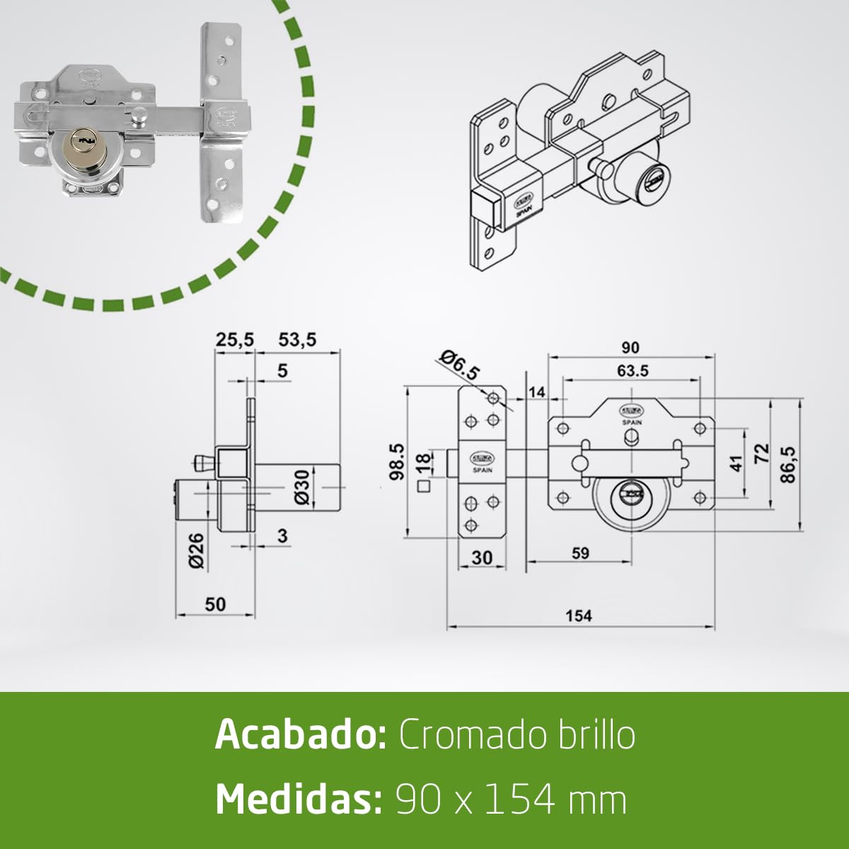 Amig - Cerradura de Sobreponer - 90 x 154 mm - Cromado brillo- Cilindro de seguridad de 50 mm y 6 pines - Pestillo de Apertura - Sistema Antibumping y Protección contra Ganzúas