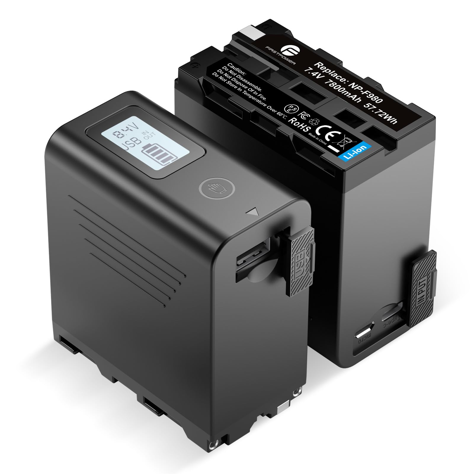 FirstPower NP-F970 Battery 2-Pack with USB Output LCD Display, Compatible with Sony Handycam Video Light Monitor, Replacement for Sony NP F980 F970 F975 F960 F950 F930 F750 F550 Battery
